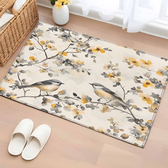 2x3 Ft Entryway Area Rug, Yellow Grey Botanical Kitchen Rug Runner Washable Floor Mat, Spring Floral Summer Birds Retro Non Slip Indoor Door Mat Throw Carpet for Bathroom Living Room Bedroom