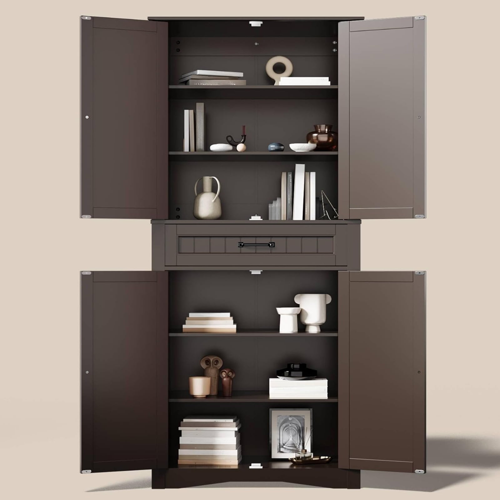 Aiho 71" Kitchen PantryStorage Cabinet with 4 Doors and 4 Adjustable Shelves, Dark Brown