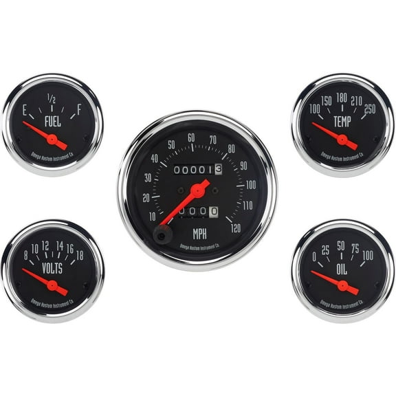 Omega Kustom 5-Gauge Set, Mechanical Speedometer, Black Top
