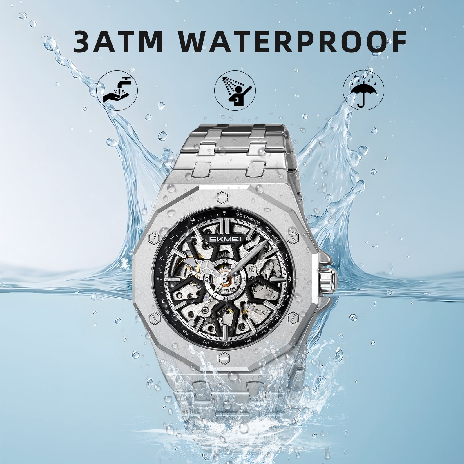 SKMEI Mens Luxury Skeleton Automatic Mechanical Wrist Watches Business Leisure Waterproof Luminous Pointer Self-Winding Wrist Watch