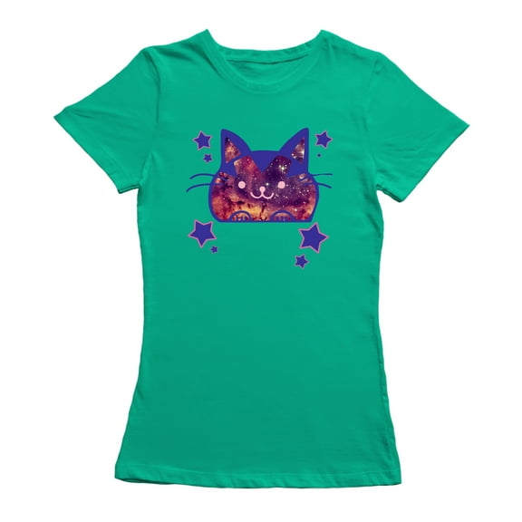 Kawaii Galaxy Cat Graphic Women Royal Blue T-Shirt, Female Large
