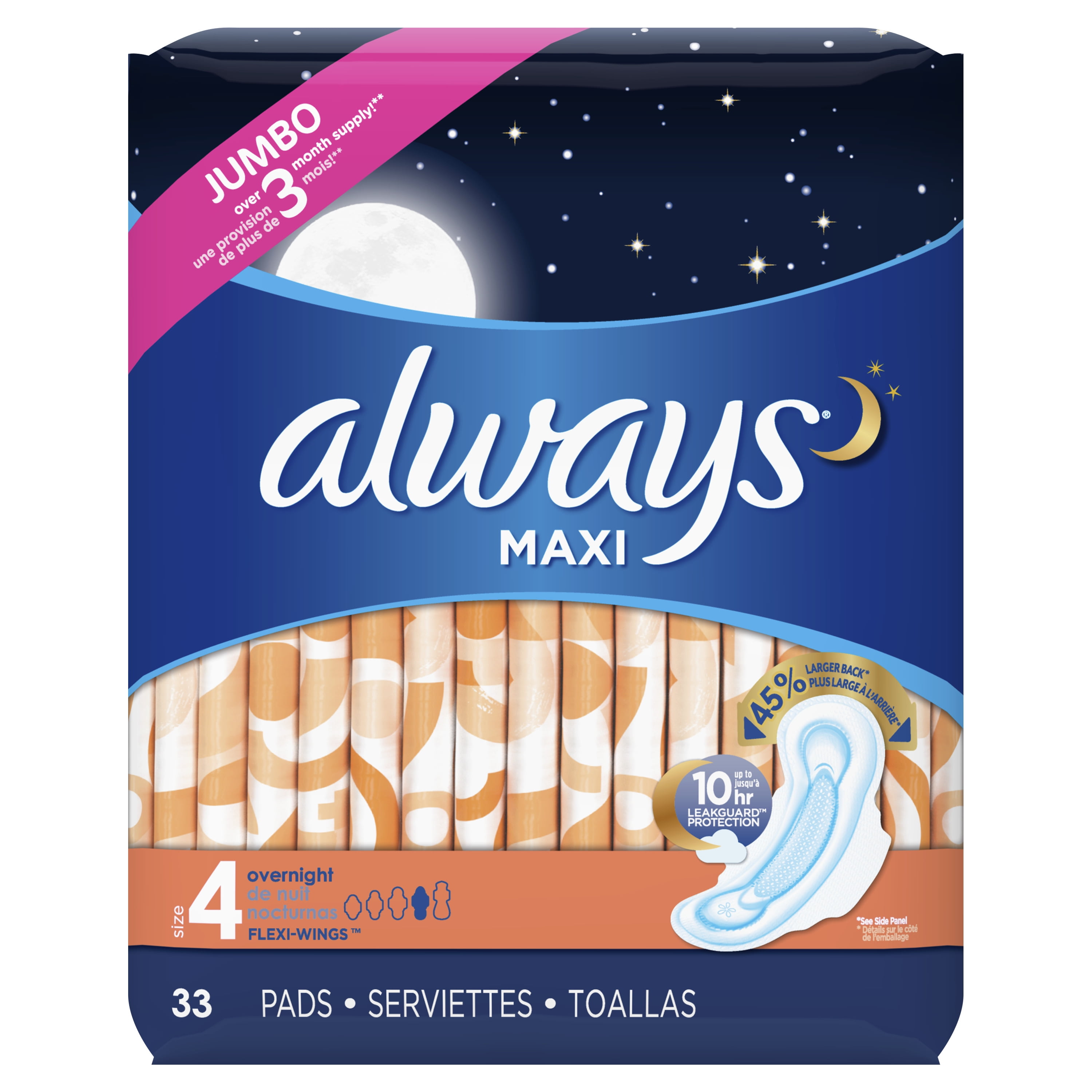 Always Maxi Overnight Pads with Wings Unscented, Size 4, 33 Ct