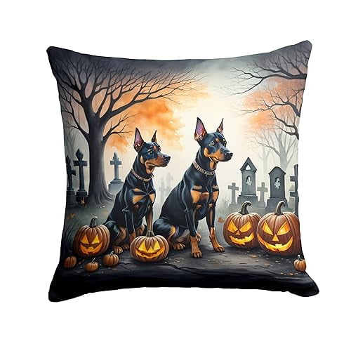 Doberman Pinscher Spooky Halloween Fabric Decorative Pillow 14 in x 14 in
