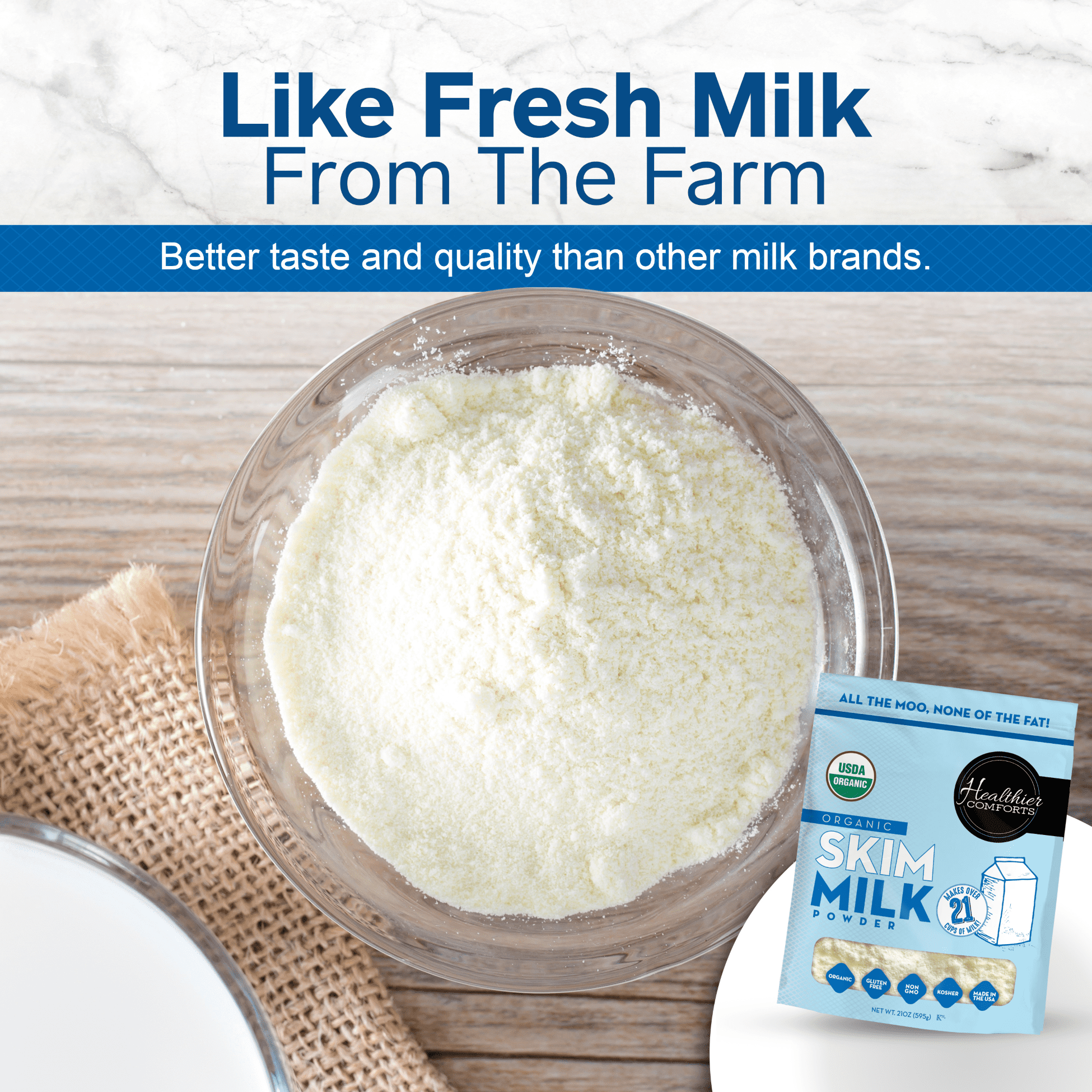 Healthier Comforts Organic Skim Milk Powder 21oz | Certified USDA Organic | Fat Free, Kosher, Gluten Free, Non-GMO, Shelf Stable | Perfect for Shakes, Smoothies, Coffee Creamer, Baking | Made in USA