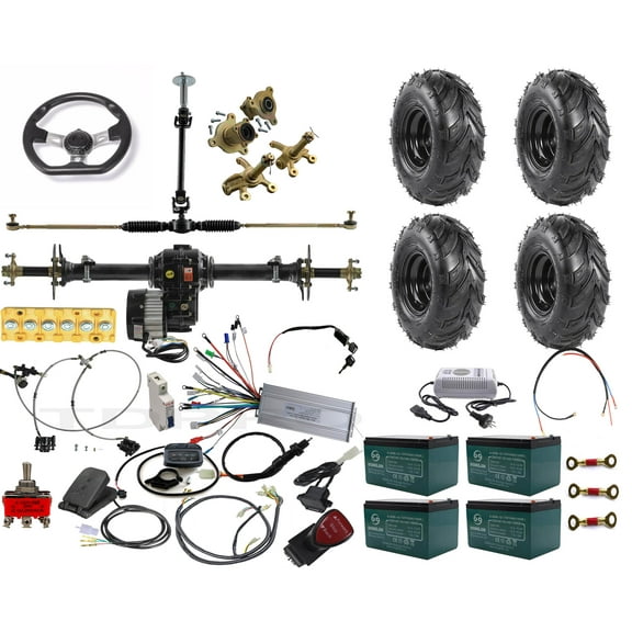 Rear Differential Axle Kit 48V 1000W Electric Motor Controller Battery Hydraulic Brake 145/70-6 Wheels Tires DIY Parts For Go Kart Golf Cart ATV Quad Buggy Trike Tricycle 4 Wheeler (34" Axle)