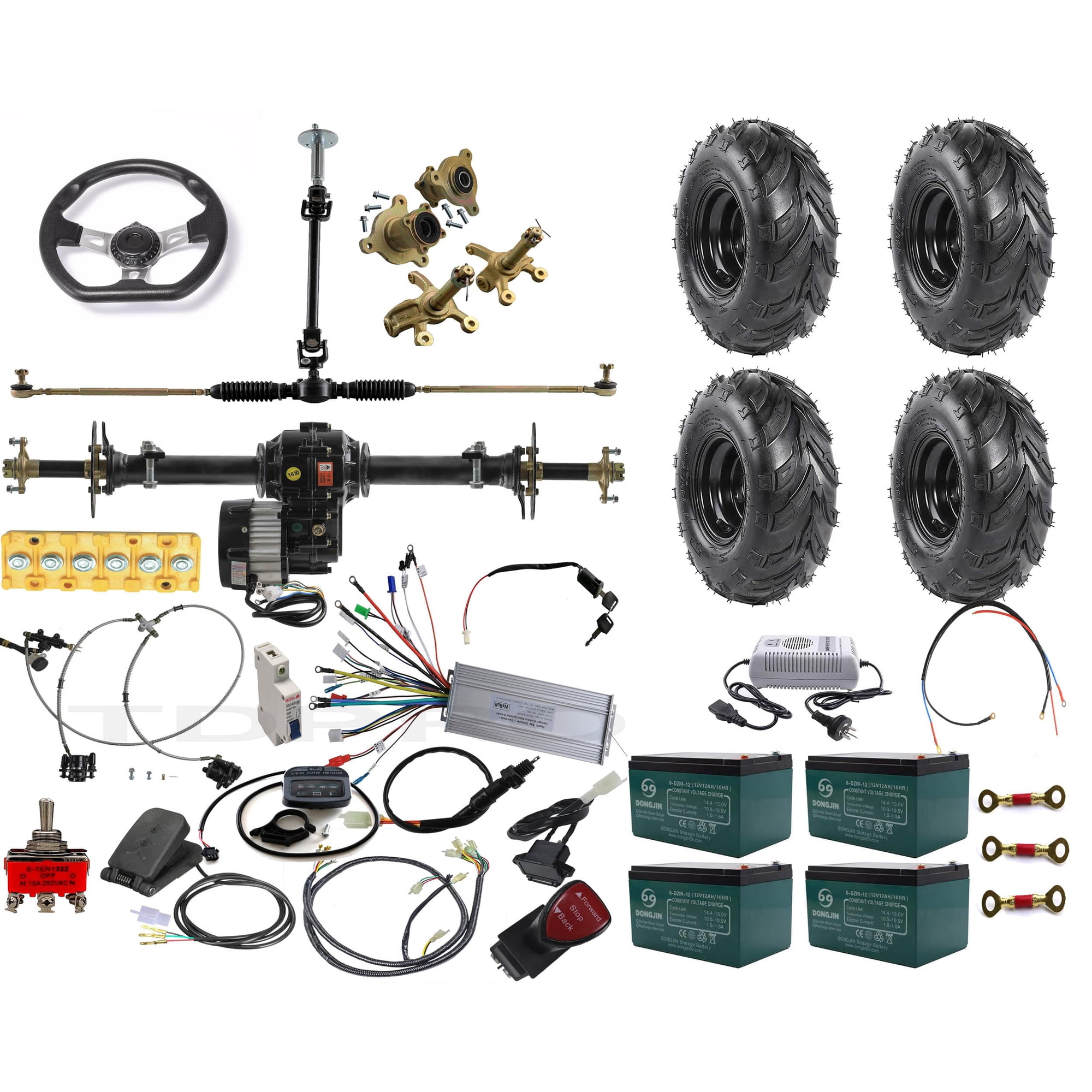Rear Differential Axle Kit 48V 1000W Electric Motor Controller Battery Hydraulic Brake 145/70-6 Wheels Tires DIY Parts For Go Kart Golf Cart ATV Quad Buggy Trike Tricycle 4 Wheeler (34 Axle)
