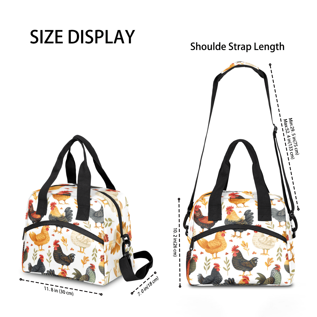 Herdesigns Chicken Insulated Lunch Bag for Women Men Adults Large Reusable Lunch Box Cock Hens Rooster Leakproof Cooler Tote Bags with Adjustable Shoulder Strap