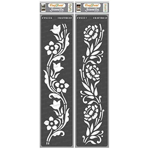 CrafTreat Floral Border Stencils for Painting on Wood, Canvas, Paper, Fabric, Floor, Wall and Tile - Border12 and Border13 - 2 Pcs - 3x12 Inches Each - Reusable DIY Art and Craft Stencils for Borders