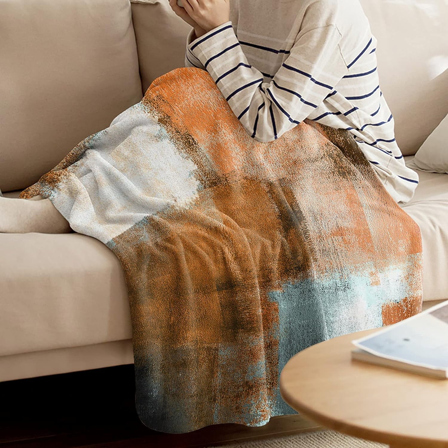 Fall Blanket Orange Grey Flannel Fleece Throw Blankets Soft Breathable Rustic Paint Art Graffiti Lattice Warm Cozy Decorative for Sofa Chair Bedroom All Seasons Use 60" x 80"