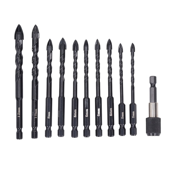 Juego de 11 brocas para mampostería, brocas de carburo con vástago hexagonal y diseño en cruz de 5, 6, 8, 10 y 12 mm para hormigón, ladrillos de vidrio y baldosas