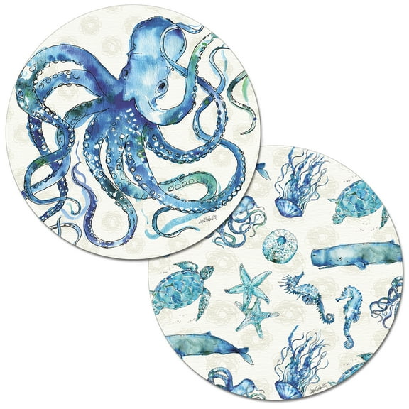 Wipe-Clean Round Reversible Shaped Placemats, Deep Sea, Set of 2, Made in The USA