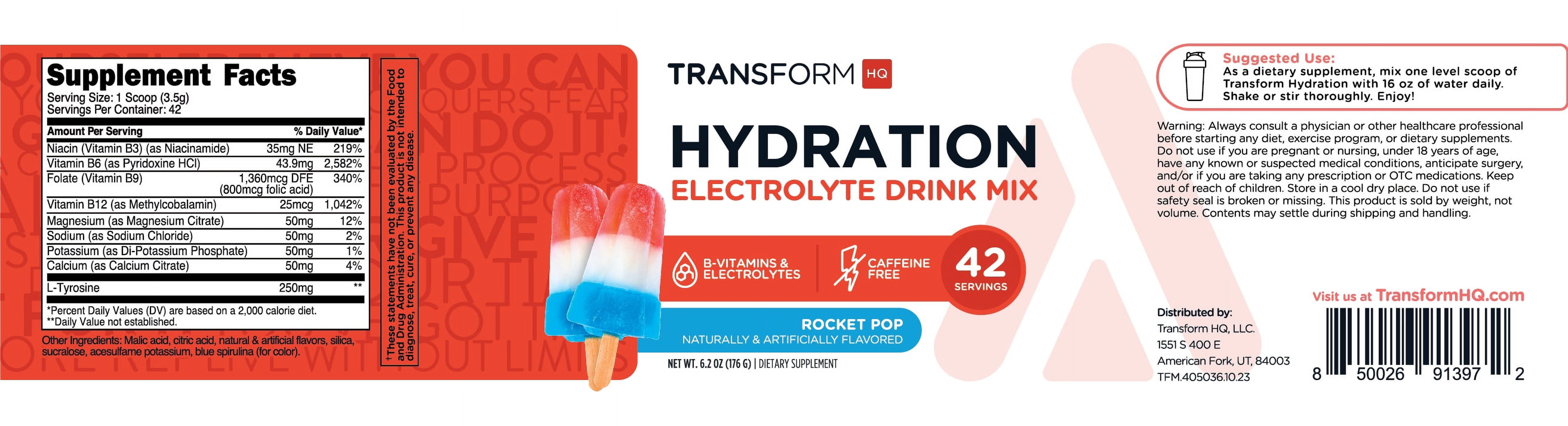 TransformHQ Hydration 42 Servings (Rocket Pop) - Electrolytes, Mental Clarity, Vitamins