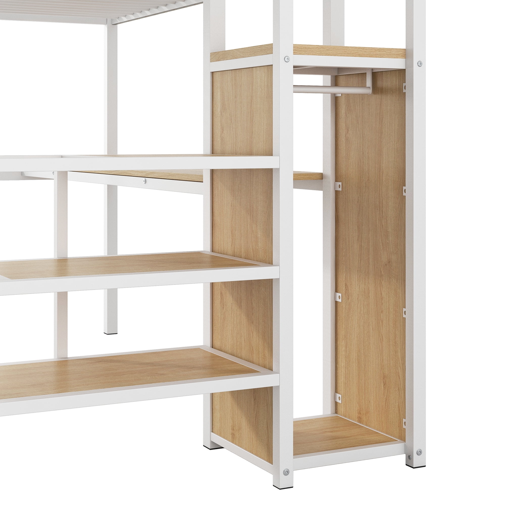 Euroco Metal Full Size Loft Bed with Desk and LED Light, Storage Staircase and Open Wardrobe, White
