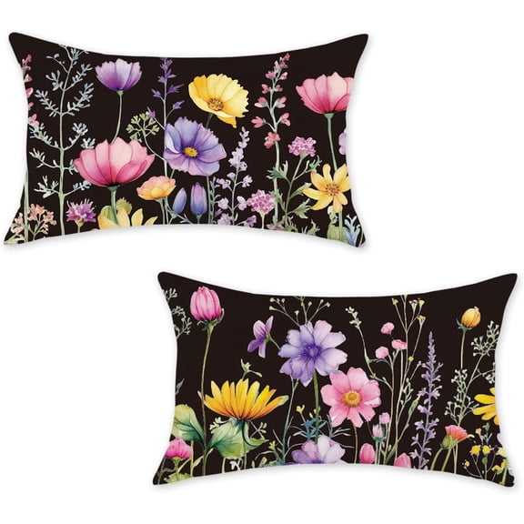 Spring Summer Pillow Covers 12x20 Inch Set of 2 Floral Colorful Flowers Decorations Farmhouse Living Room Outdoor Cushion Case for Sofa Couch Home Bed Black