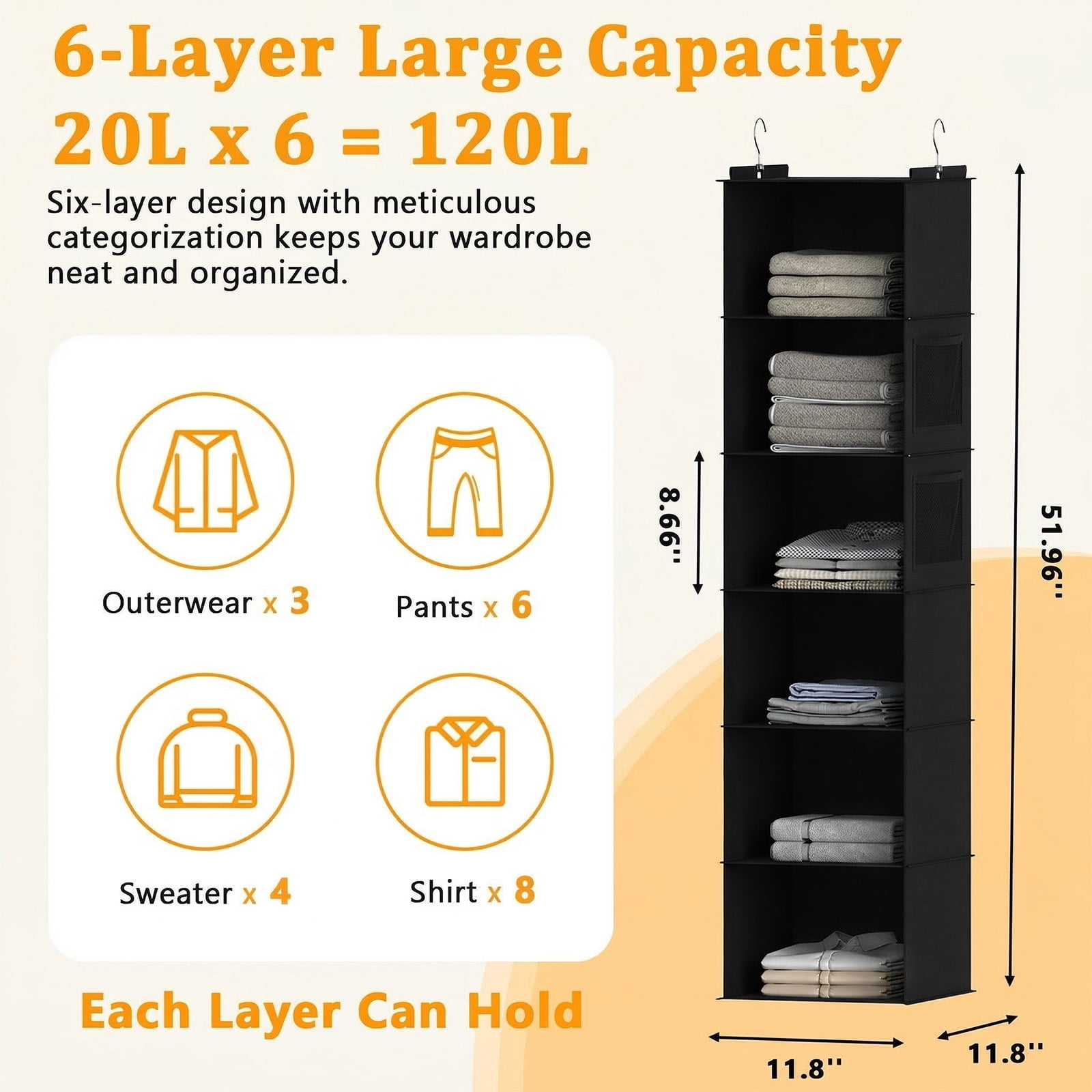 Closet Hanging Storage Shelves, 6-Shelf Hanging Closet Organizer with Bamboo Inserts, Foldable Closet Organizers and Storage for Bedroom,Sturdy Hook Closet Storage W/ 2 Side Pockets,Gray