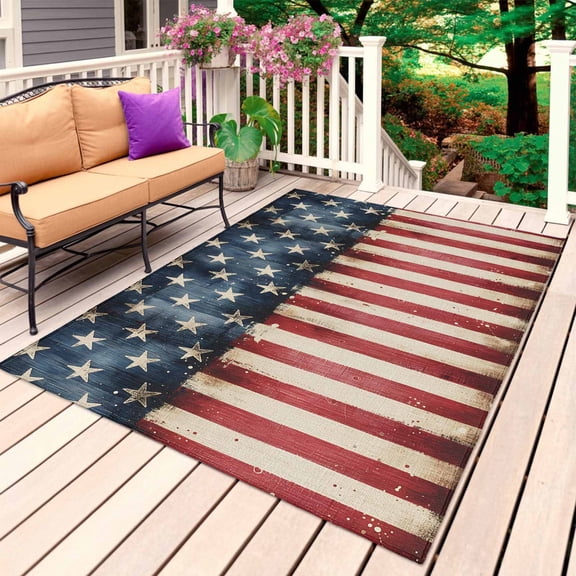 American Flag Outdoor Rug 4x6 Ft, Non Slip Washable Area Rug, Retro Blue Star Red Striped USA Flag Patio Rugs Carpet Runner, Large Floor Mat for Indoor/Outdoor Deck Porch Camping