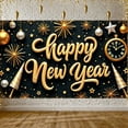 thumbnail image 3 of Gold Theme Happy New Year Banner Black Background Festive Backdrop Firework Design Star Decoration Holiday Background for New Year Party Holiday Celebration Indoor Decoration, 3 of 9