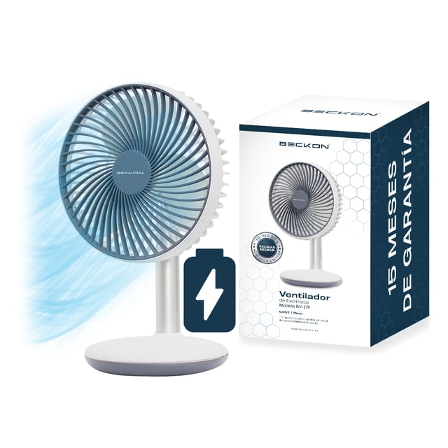 ventilador recargable de torre mesa compacto para escritorio oficina buró con cable usb silencioso de 4 velocidades altura de 30cm beckon Ventilador de escritorio blanco Beckon, vista frontal centrada con rejilla circular y base redonda de 12" (30 cm); logo Beckon en el centro; caja del producto y símbolo de batería visibles; 4 velocidades, batería recargable hasta 10 horas, inclinación vertical manual 50°, no oscila automáticamente, también funciona con cable USB conectado a corriente, adecuado para espacios sin conexión eléctrica.
