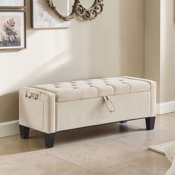 GZXS 45" Linen Upholstered Storage Ottoman Bench with Tufted Padded Seat, Hidden Compartment, and Side Pocket, for Entryway, Foyer, Bedroom or Living Area, Beige
