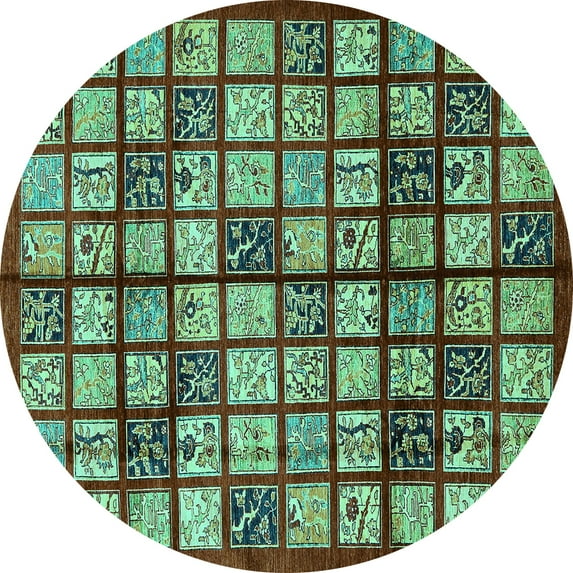 Ahgly Company Machine Washable Indoor Round Abstract Turquoise Blue Modern Area Rugs, 4' Round