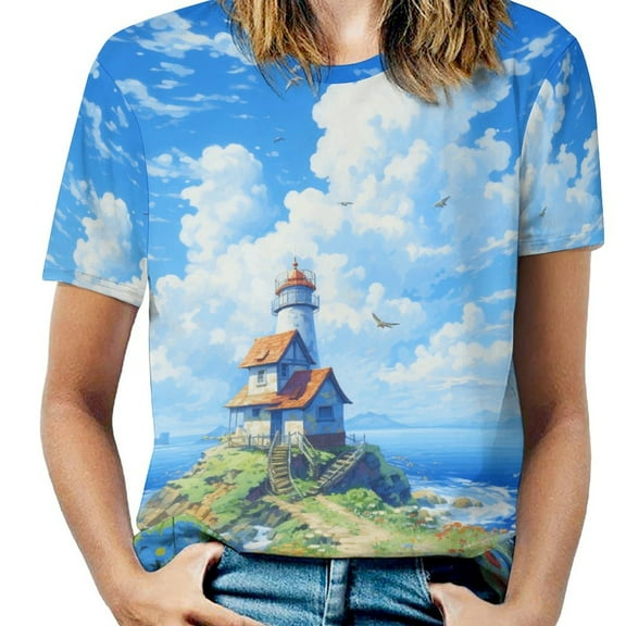 Lighthouse Coast Scenery Women's T-Shirt Short Sleeve T Shirts Tops Tee Ladies Loose T