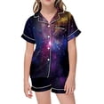 thumbnail image 1 of Pyjama pour Filles Enfants Filles Imprimé Galaxie Colorée Bouton Col à Revers Haut à Manches Courtes Short Ensemble de Pyjama en Satin 2 Pcs Pyjama Enfant Fille Violet 10 Ans-11 Ans, 1 of 3