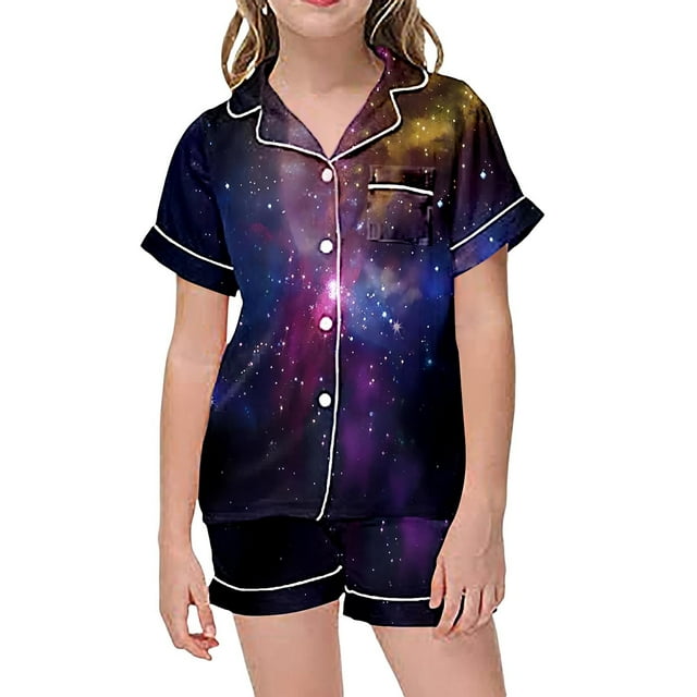 Pyjamas pour Enfants Filles Imprimé Galaxie Coloré Bouton Col à Revers Manches Courtes Ensemble de Pyjama Satin 2 Pcs Pyjama Bébé Fille Violet 4 Ans-5 Ans