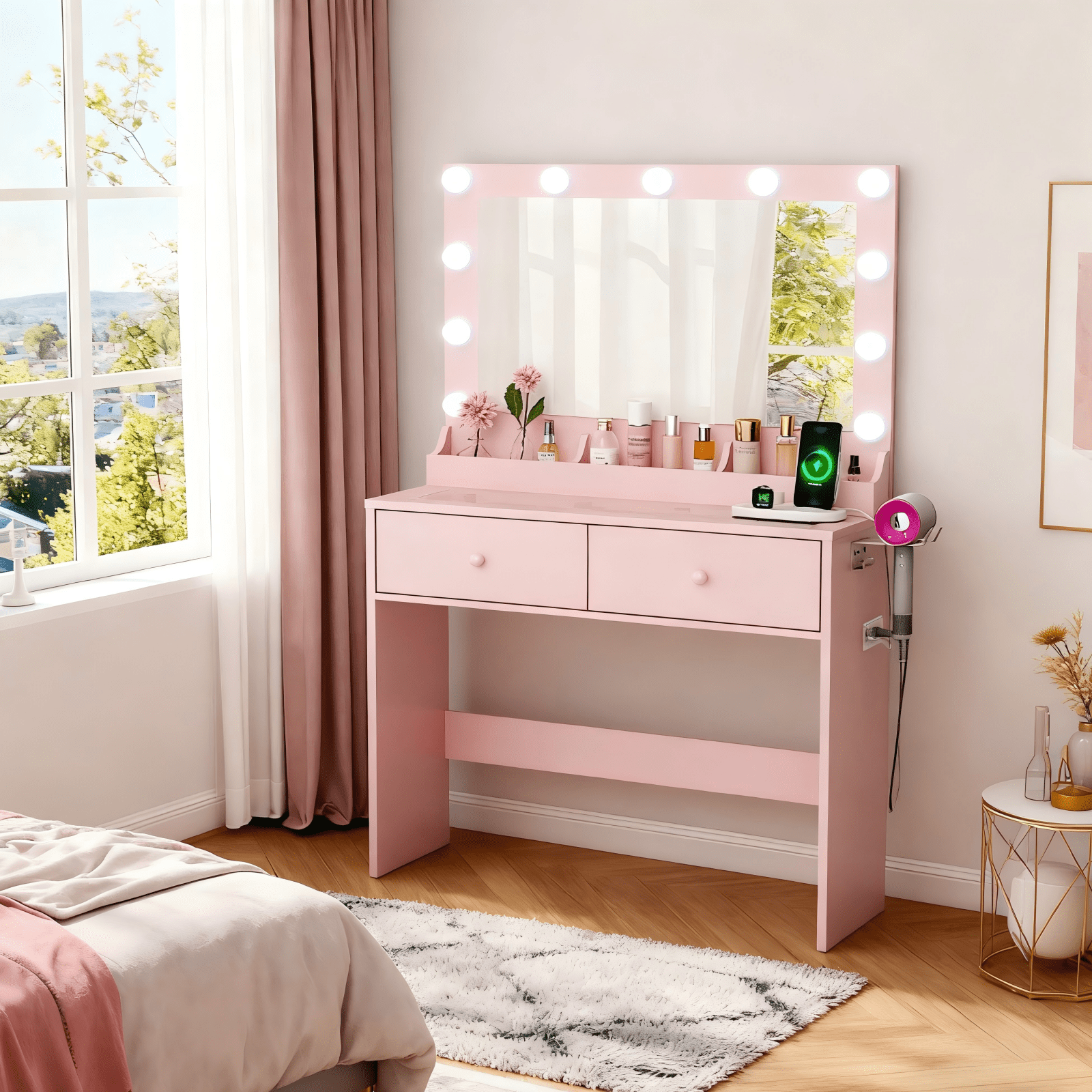 Zimtown Vanity with Mirror and Light, Makeup Desk  with Charging Station and Storage, Dressing Table with Hair Dryer Rack for Bedroom, Light Pink