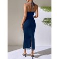 thumbnail image 2 of Navy Blue Floral Embellished Halter Neck Fitted Sleeveless Midi Dress With Tassel Hem, 2 of 5