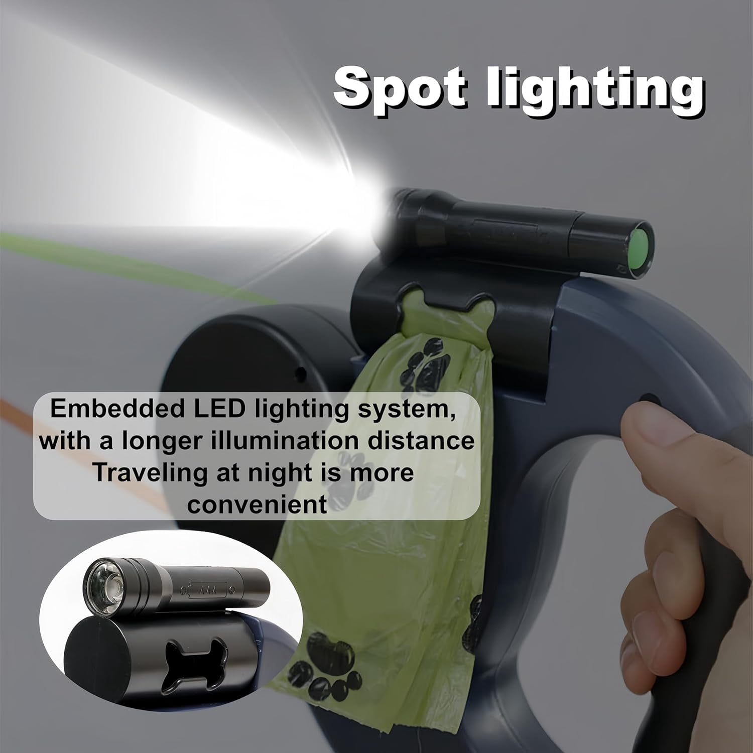 Dual Retractable Dog Leash with LED Light & Waste Bag Holder, Tangle Free