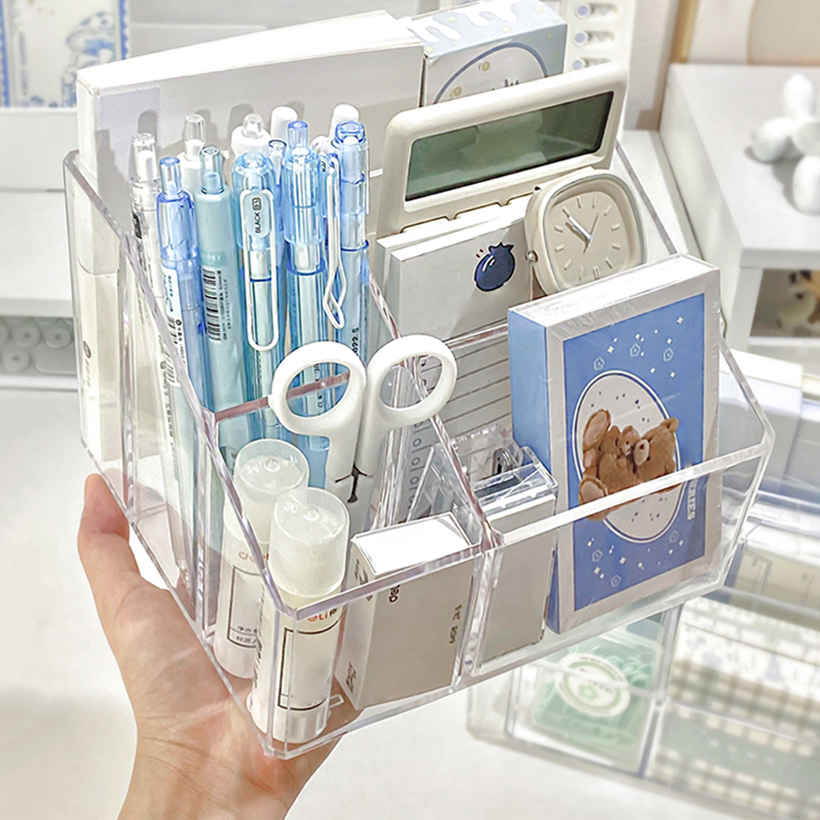 YIMWNYI Clear Acrylic Multi-Functional Desk Organizer with 5 Compartments for Office and Study Supplies