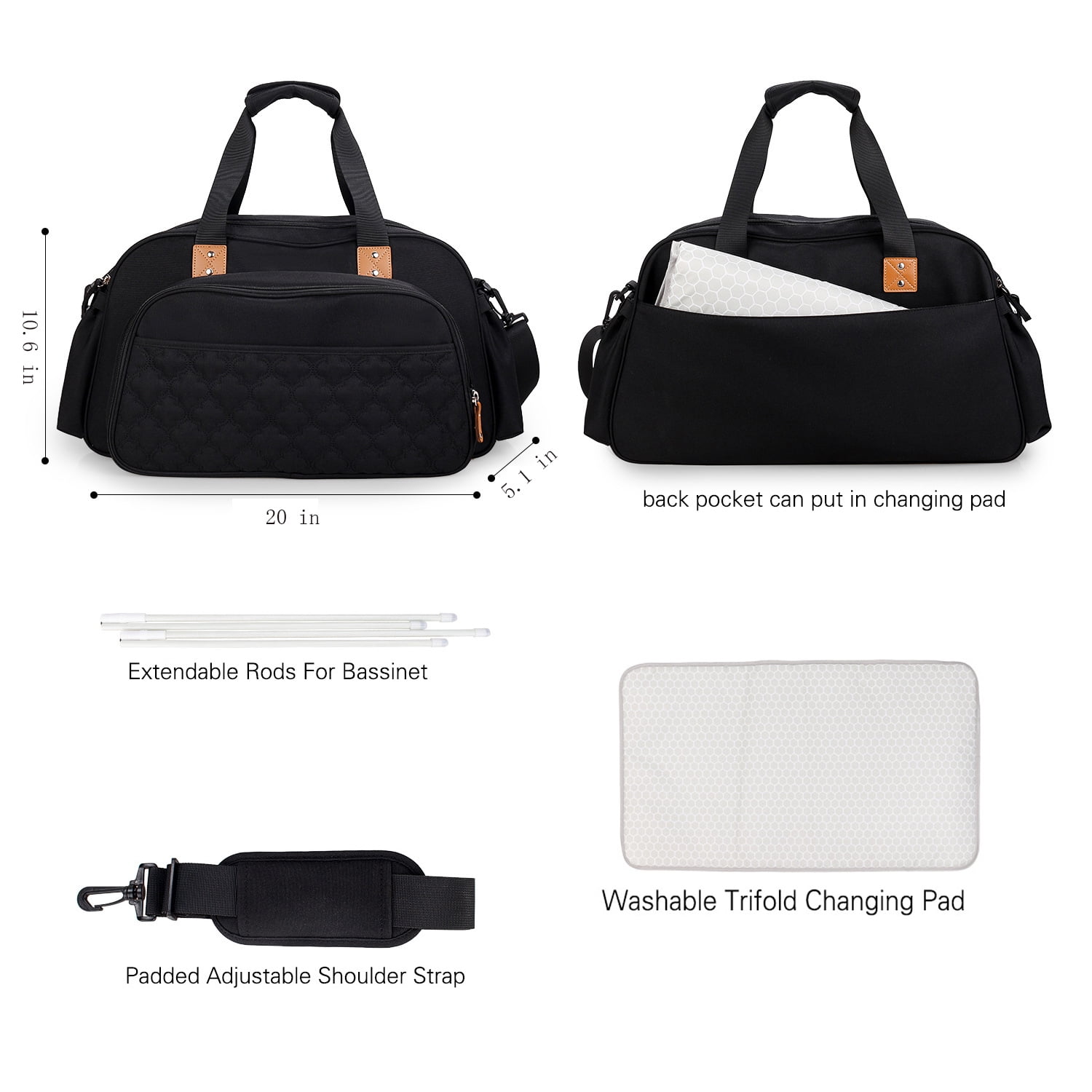 Diaper Bag Tote with Travel Bassinet, Foldable Baby Bed for Bady Toddler, High Capacity Nappy Bag Changing Station Black