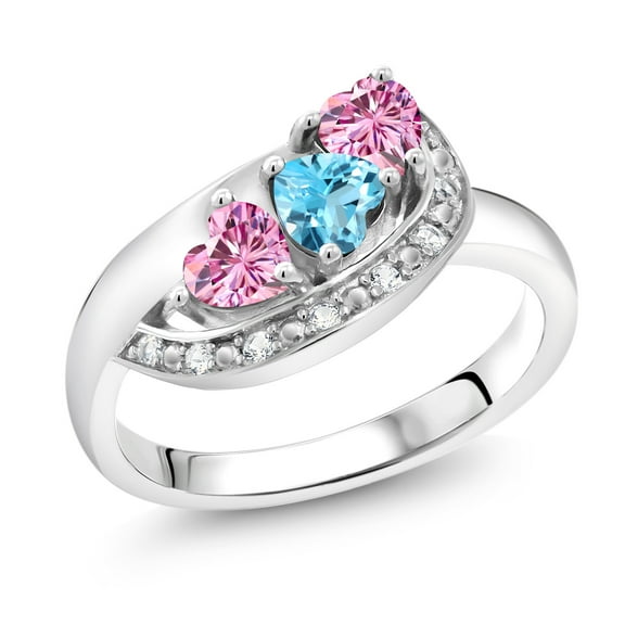 Gem Stone King 925 Sterling Silver Swiss Blue Topaz and Pink Moissanite and White Created Sapphire Engagement Ring for Women (0.89 Cttw, Gemstone November Birthstone, Heart Shape 4MM, Size 8)