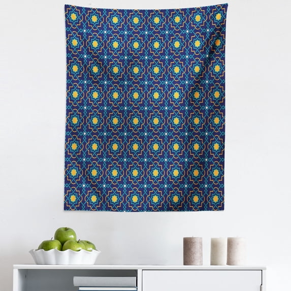 Quatrefoil Tapestry, Historical Pattern with Eastern Origins Geometric Girih Tile, Fabric Wall Hanging Decor for Bedroom Living Room Dorm, 5 Sizes, Turquoise Navy Blue, by Ambesonne