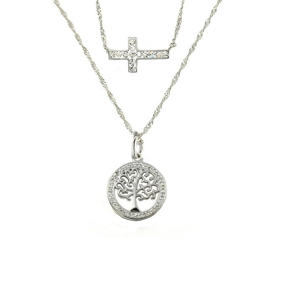 Believe by Brilliance Fine Silver Plated Crystal Cross and Tree of Life Necklace Set