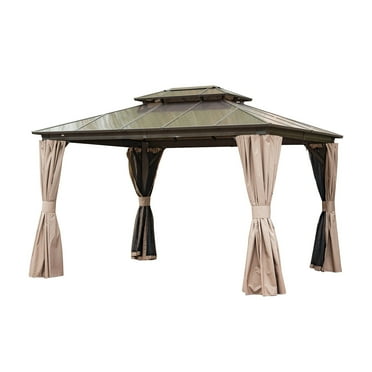 Mondawe 10'x12' Hardtop Gazebo, Permanent Outdoor Gazebo with Polycarbonate Double Roof, Aluminum Gazebo Pavilion with Curtain and Net for Garden, Patio, Lawns, Deck, Backyard(Brown)