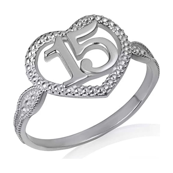 925 Sterling Silver Textured 15 AΓ±os Heart QuinceaΓ±era Ring (Size 4)