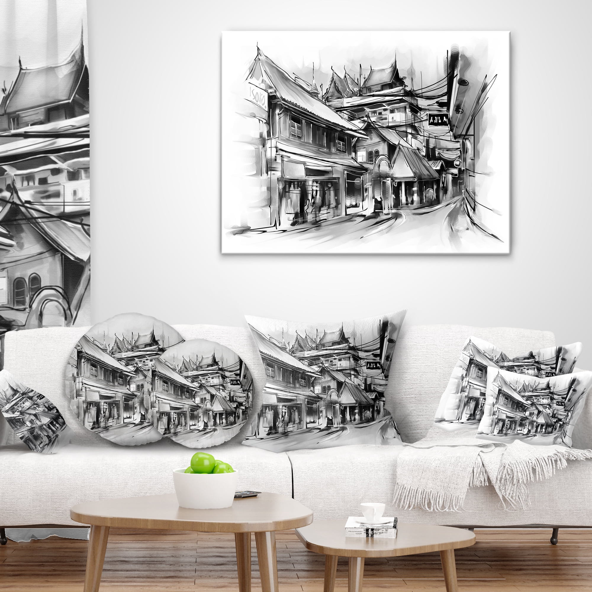 Designart City Street Illustration - Cityscape Throw Pillow - 16x16