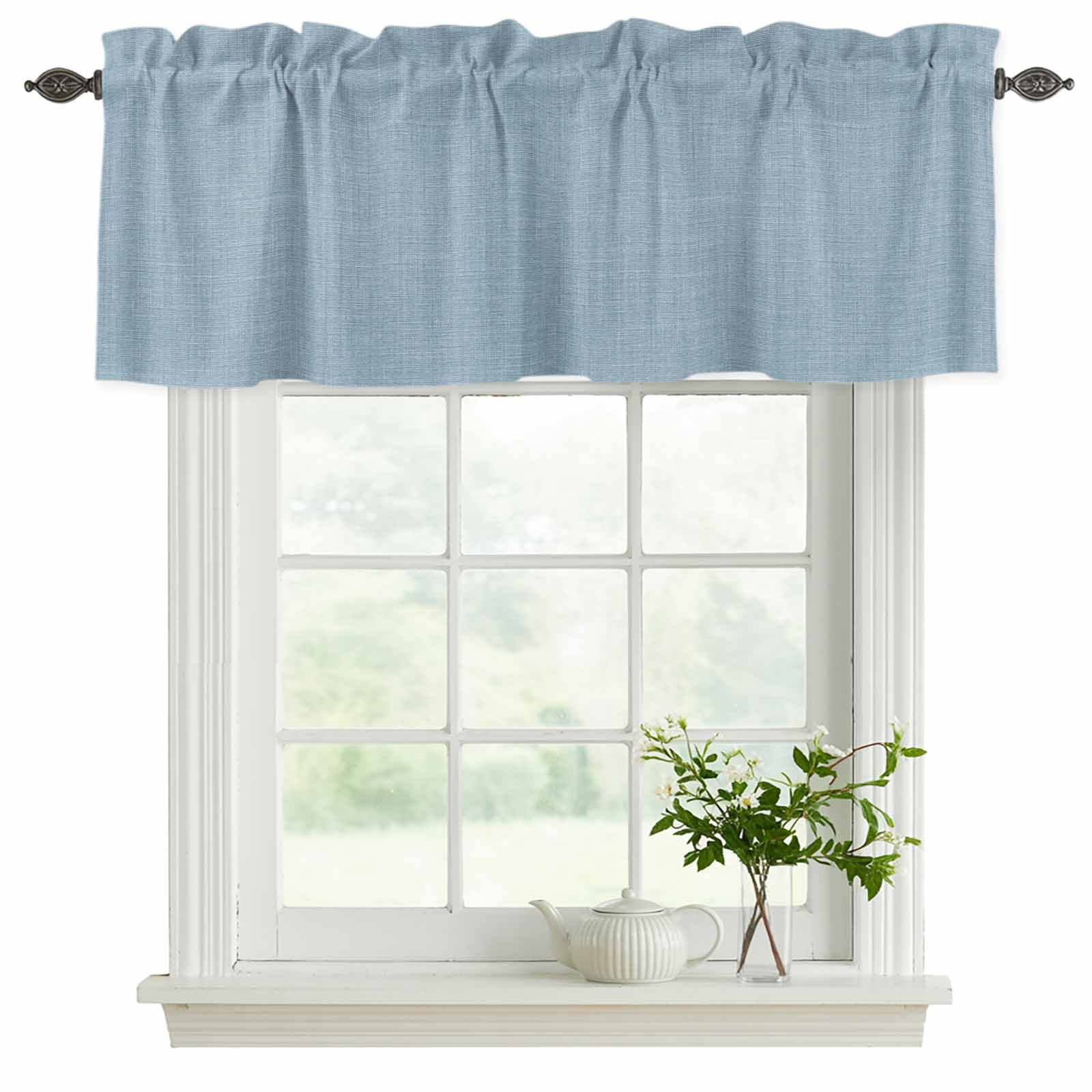 2 Pack Valances for Windows, Vintage Sky Blue Window Valances for Living Room/Bedroom/Bathroom, Farmhouse Retro Solid Color Linen Texture Light Filtering Kitchen Curtain Valance 42"W x18" L