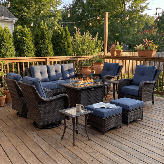 LayinSun 10 Pieces Patio Furniture Sets with Fire Pit Table, Outdoor Wicker Conversation Set with Swivel Chairs and 6" Thick Cushion for Deck Garden Backyard