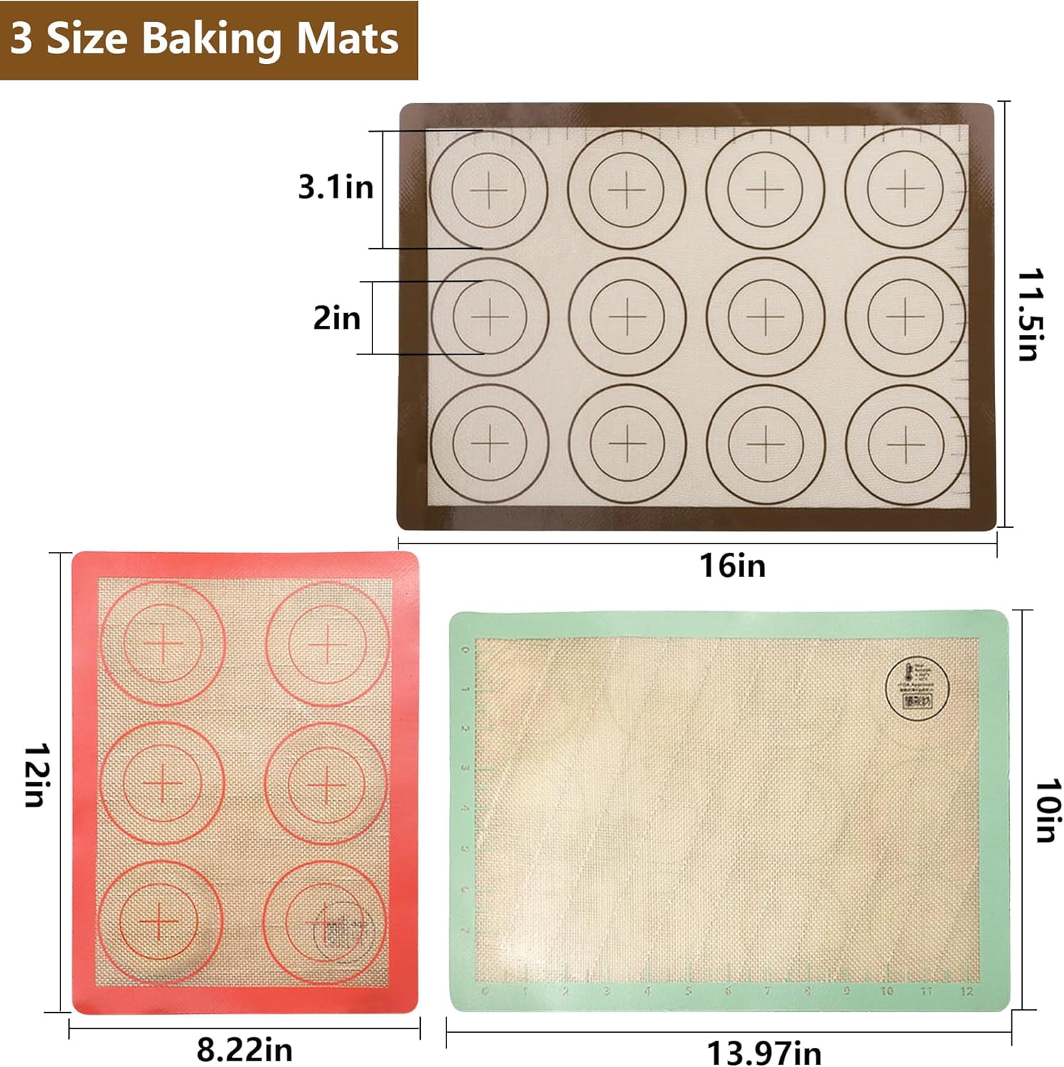 Macaron Silicone Baking Mats Set: 3 Pack Non-Stick Silicone Baking Mat - Heat Resistant, Reusable Baking Sheet Cookie Oven Liner for Macaroons, Bake Pans, Pizza, Toaster (Brown+Green+Pink)