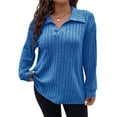 thumbnail image 1 of Suéter de Punto Informal de Talla Grande para Mujer, Cuello en V, Solapa, Color Liso, Camisa de Larga. Azul Real 5XL, 1 of 8
