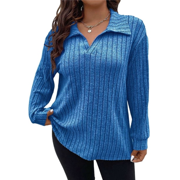 Suéter de Punto Informal de Talla Grande para Mujer, Cuello en V, Solapa, Color Liso, Camisa de Larga. Azul Real XXXL