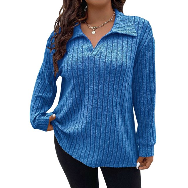 Suéter de Punto Informal de Talla Grande para Mujer, Cuello en V, Solapa, Color Liso, Camisa de Larga. Azul Real 5XL