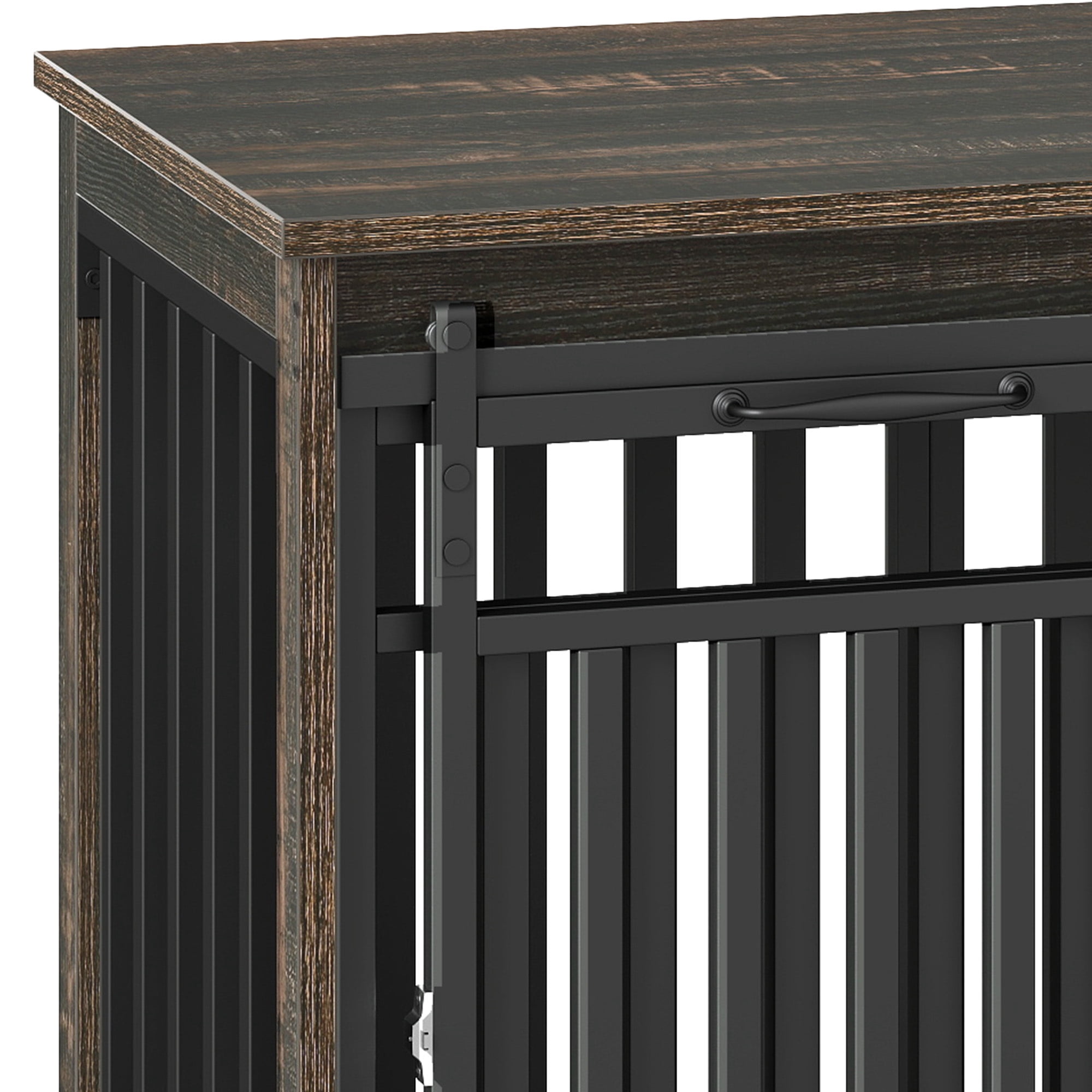 Uforic 71" Double Dog Crate Furniture, Heavy Duty Wood Dual Kennel TV Stand with Sliding Doors & Dog Bowls (Black)