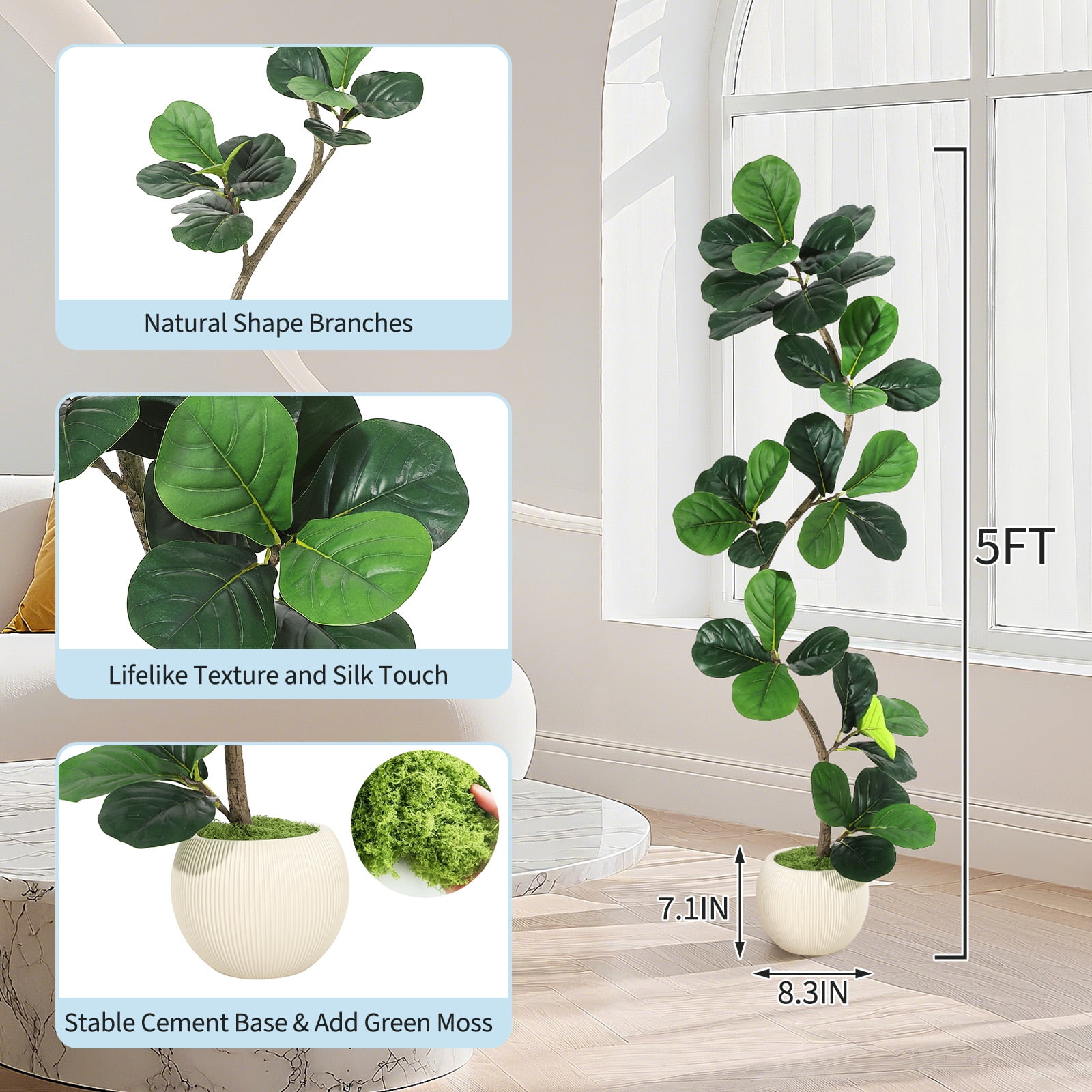Lifelike Fiddle Leaf Fig Artificial Tree - 5ft/6ft/7ft Faux Floor Plant with Moss & White Planter, Realistic Rubber Fake Tree for Home Office Living Room Indoor Decor