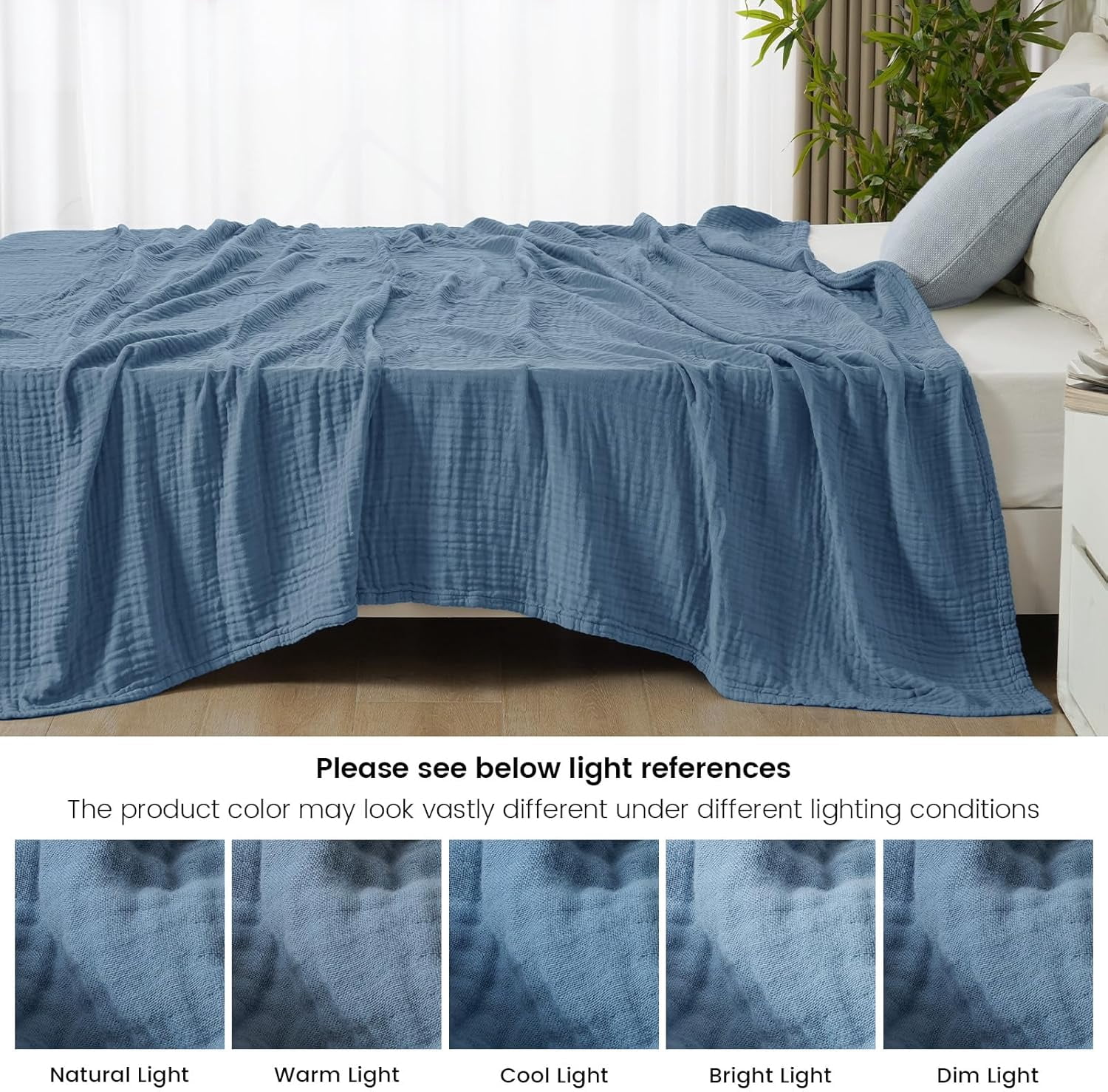 PHF Cooling Muslin Twin Blanket for Hot Sleepers, 4-Layer Breathable Bamboo Rayon & Cotton Gauze, Lightweight Summer Blanket for Bed or Couch, 66" x 90", Prussian Blue