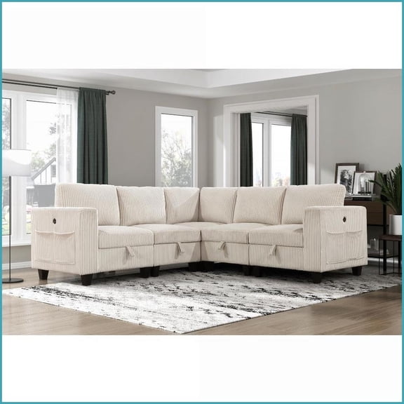 5-Piece Modular Beige Corduroy Sectional Sofa with Storage & Charging Ports - Modern Living Room Furniture | Beige | Solid Wood | Corduroy