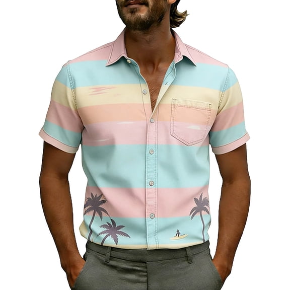 GUZOM Mens Hawaiian Shirt Pastel Striped Palm Tree Surfer Print Short Sleeve Button Down 95 Polyester 5 Spandex Pink Sizes S to 5XL Casual Beach Vacation,Size S