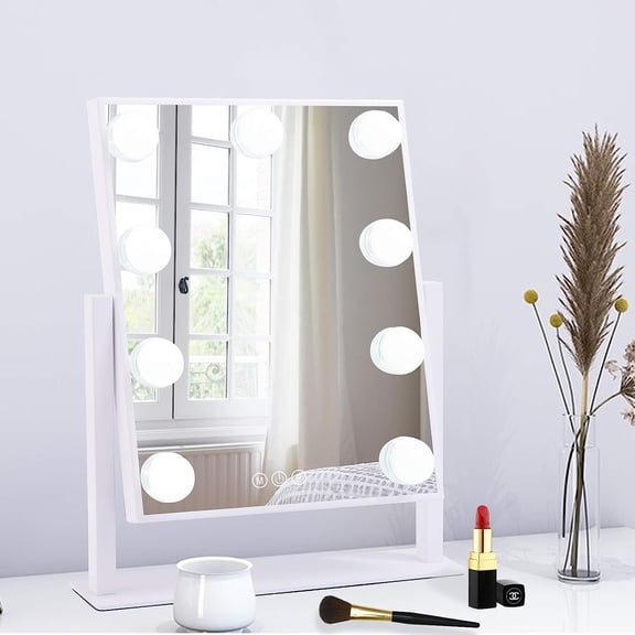 Lighted Makeup Mirror Hollywood Mirror Vanity Mirror with Lights, Touch Control Design 3 Colors Dimable LED Bulbs, Detachable 10X Magnification, 360°Rotation, (White) 12" L x 14" W